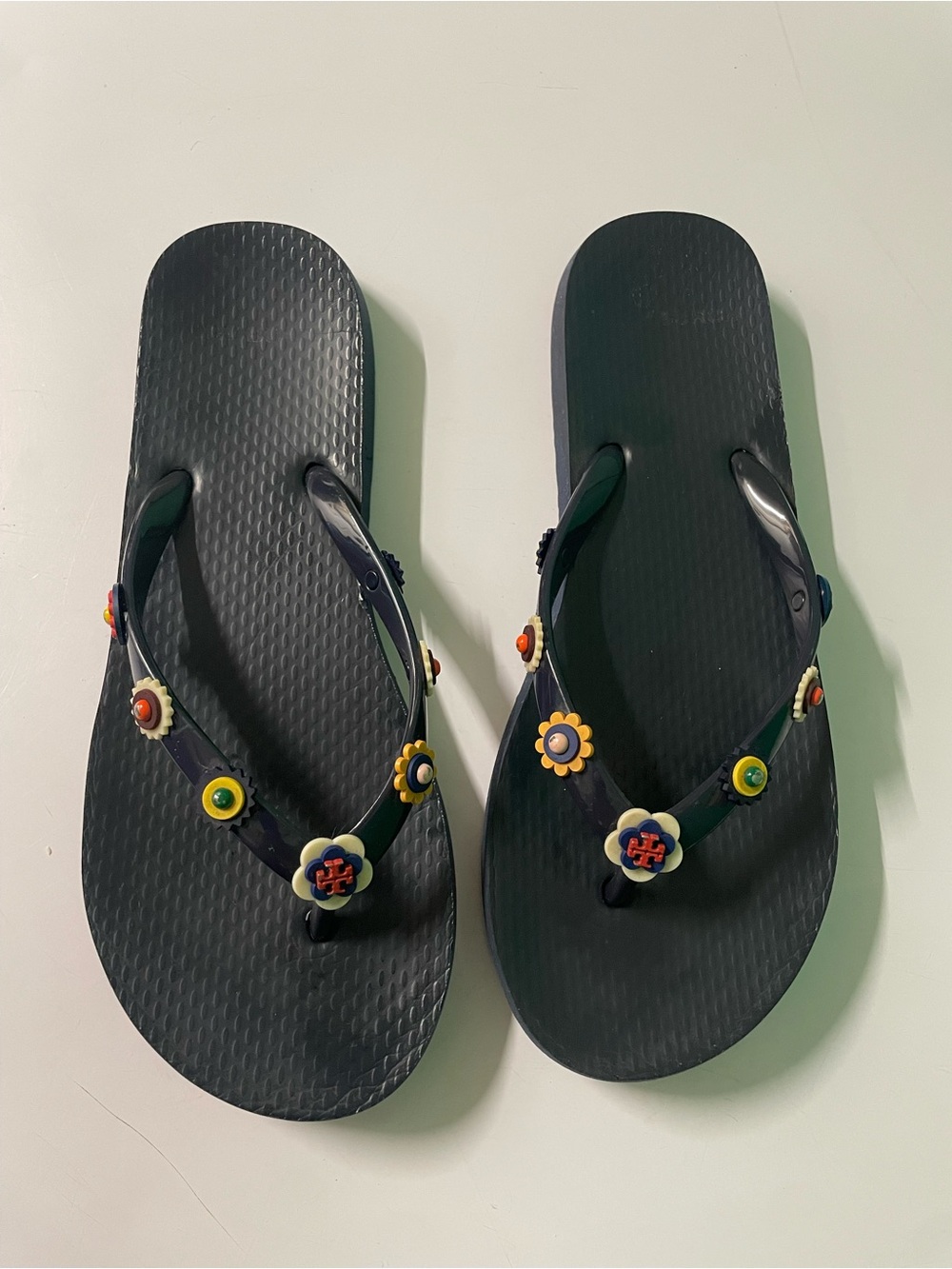 Tory Burch Navy Flip Flop Sandals with Multicolor Flower Accents